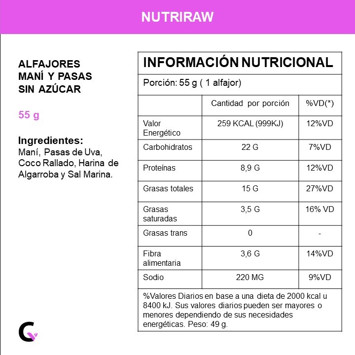 Caja x 8 alfajor &quot;sin azúcar&quot; (maní y pasas de uva)