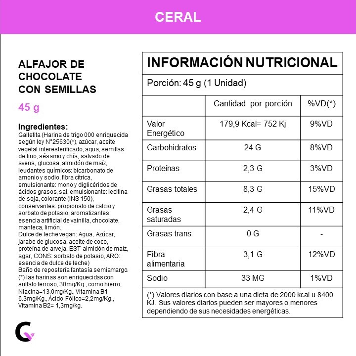 Caja x16u de ALFAJOR de CHOCOLATE c/SEMILLAS - Ceral