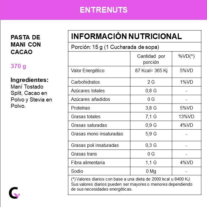 Pasta de mani con CACAO x370g - Entrenuts