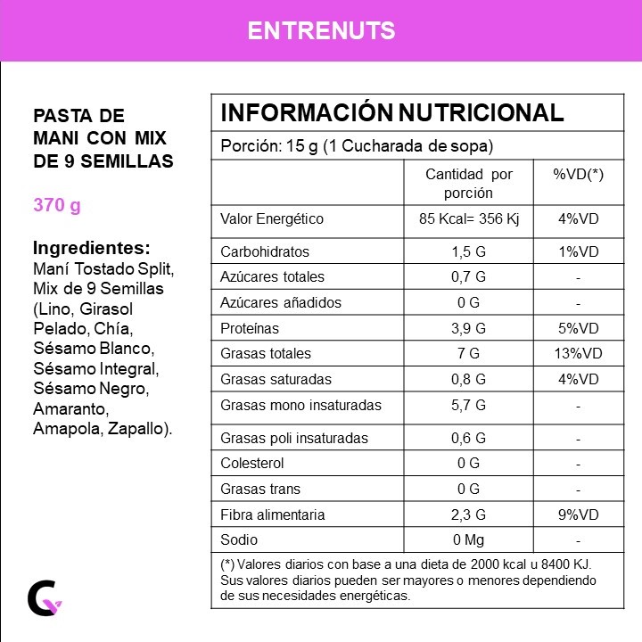 Pasta de mani con MIX de 9 SEMILLAS x370g - Entrenuts