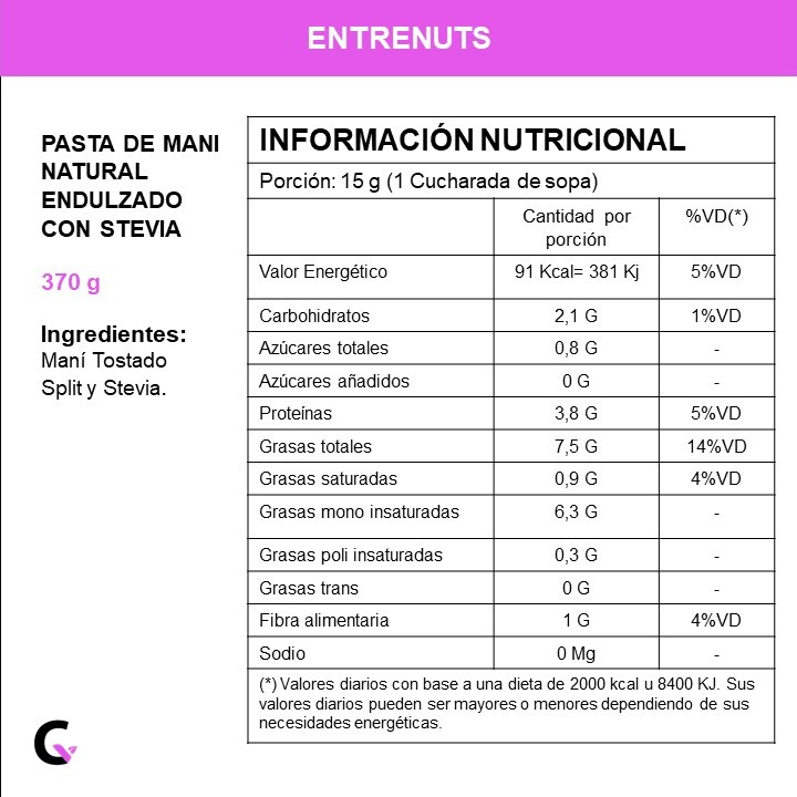 Pasta de mani endulzada c/STEVIA x370g - Entrenuts