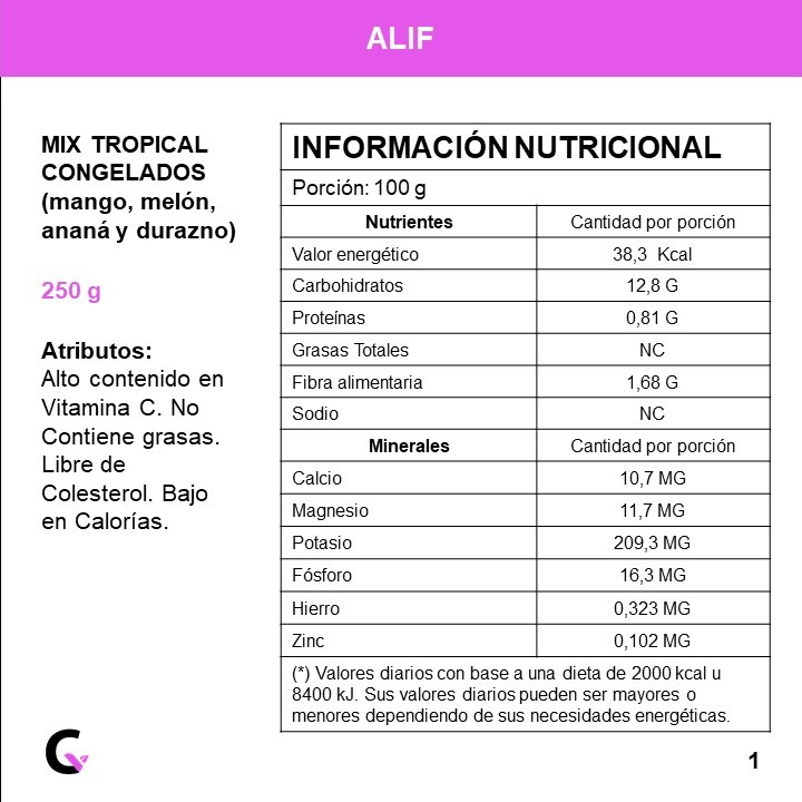 MIX TROPICAL congelado (mango, melon, anana y durazno) x250g - Alif