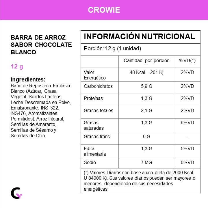 Caja x12 Barras de ARROZ c/chocolate BLANCO - Crowie