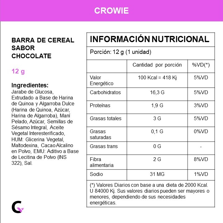 Caja x12 barras de CEREAL sabor CHOCOLATE - Crowie