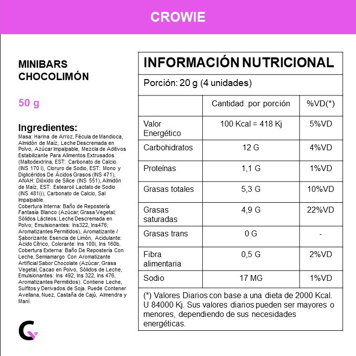 MiniBars sabor CHOCOLIMON x50g - Crowie