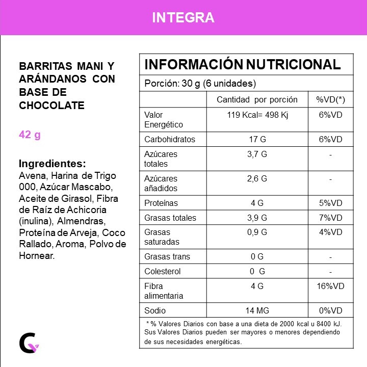 Caja x10 barritas - MANI y ARANDANOS c/BASE de CHOCOLATE - Integra