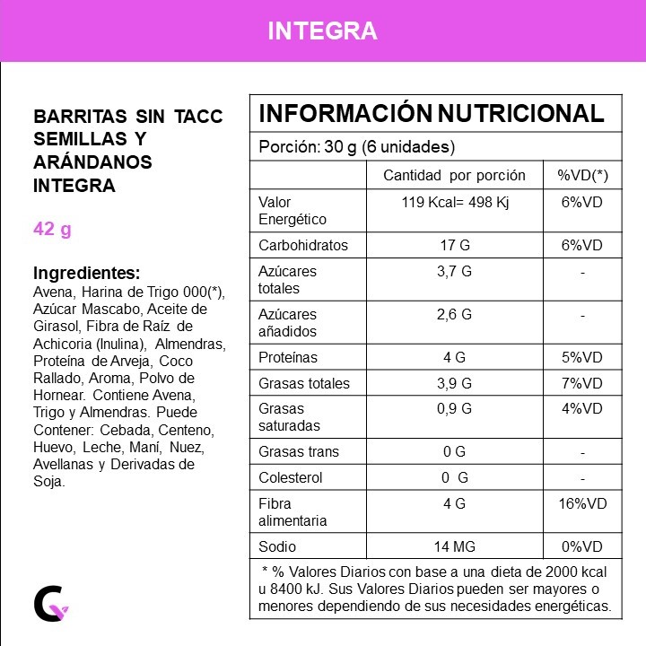 Caja x10 barritas SIN TACC - SEMILLAS y ARANDANOS - Integra