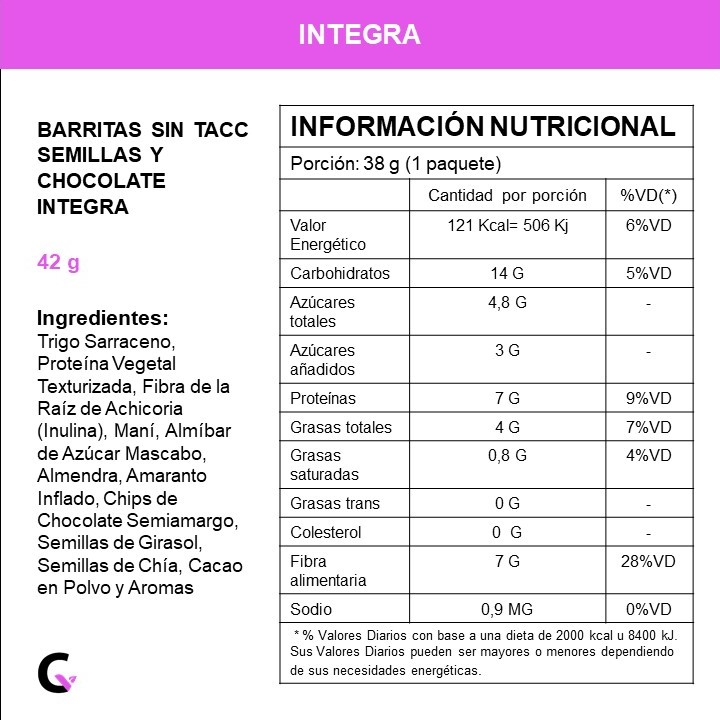 Caja x10 barritas SIN TACC - SEMILLAS y CHOCOLATE - Integra