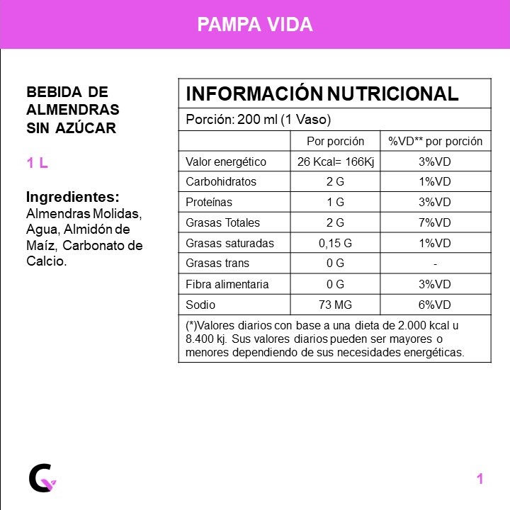 BEBIDA de ALMENDRAS s/AZUCAR x1l - Pampa Vida