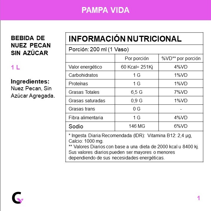 BEBIDA de NUEZ PECAN s/AZUCAR x1l - Pampa Vida