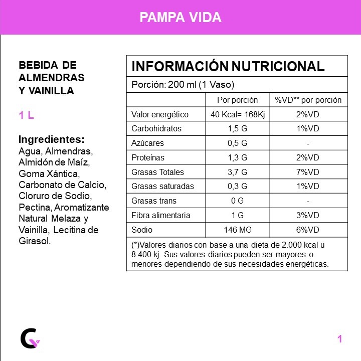 BEBIDA de almendras VAINILLA s/azucar x1l - Pampa Vida