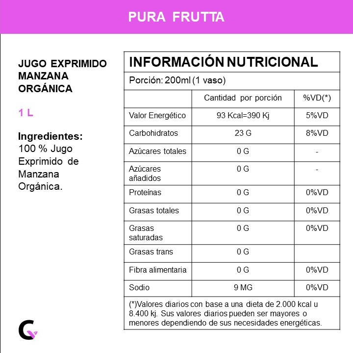 Jugo natural MANZANA ORGANICA x1l - Pura Frutta