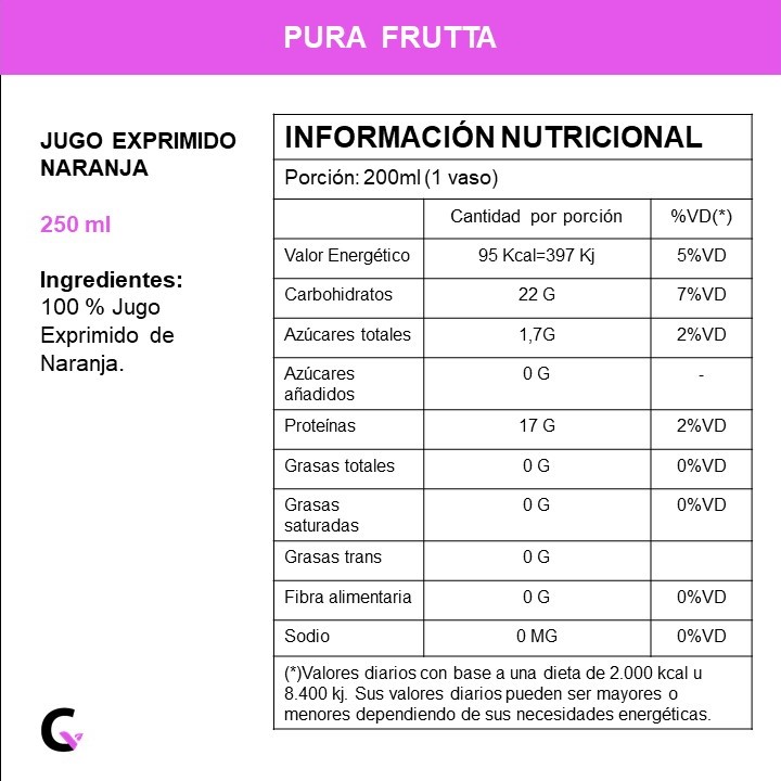 Jugo natural NARANJA x250ml - Pura Frutta