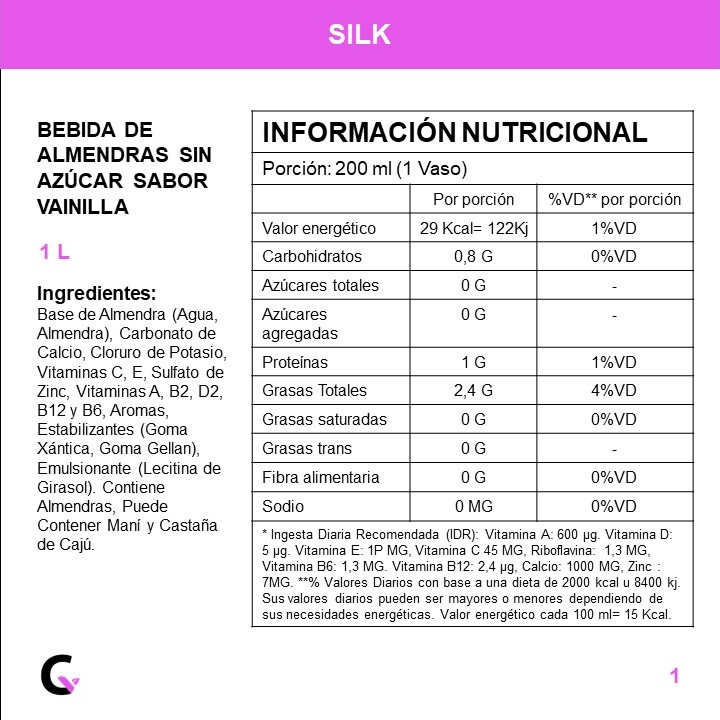 BEBIDA de ALMENDRAS s/AZUCAR sabor VAINILLA x1l - Silk