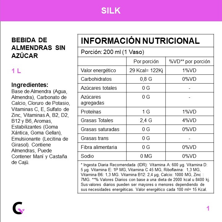 BEBIDA de ALMENDRAS s/AZUCAR x1l - Silk