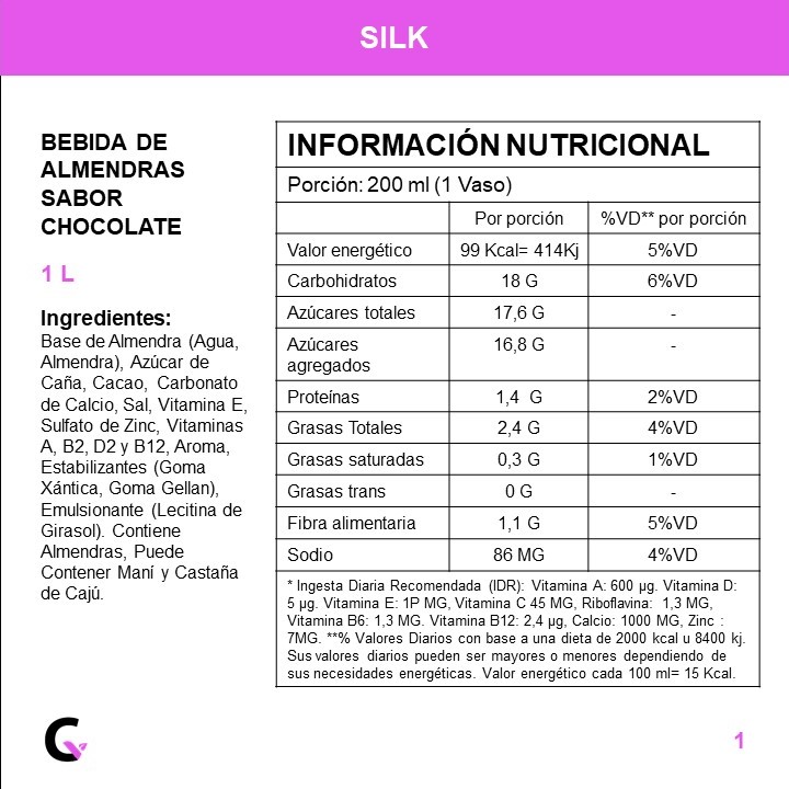 BEBIDA de ALMENDRAS sabor CHOCOLATE x1l - Silk