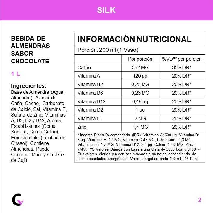 BEBIDA de ALMENDRAS sabor CHOCOLATE x1l - Silk