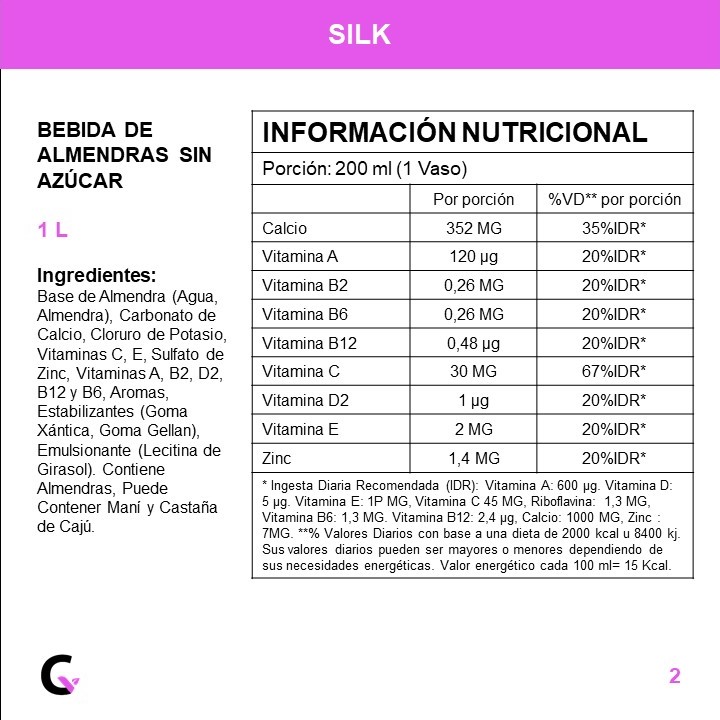 BEBIDA de ALMENDRAS s/AZUCAR x1l - Silk