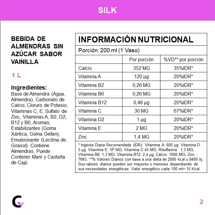 BEBIDA de ALMENDRAS s/AZUCAR sabor VAINILLA x1l - Silk