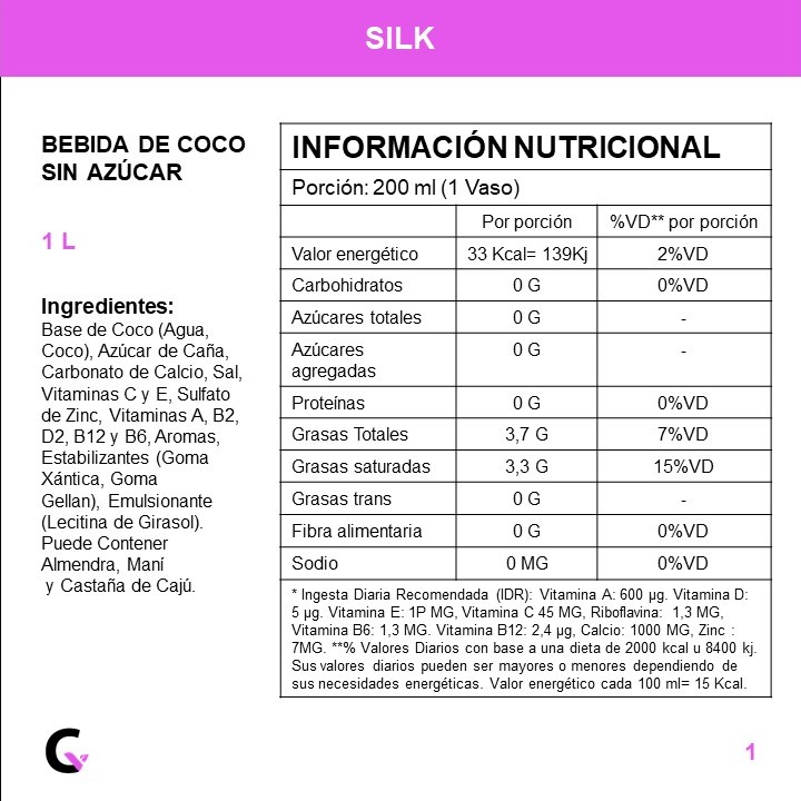 BEBIDA de COCO s/AZUCAR x1l - Silk