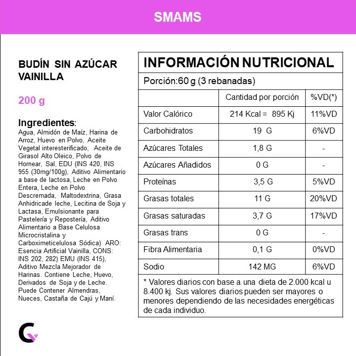 BUDIN s/AZUCAR VAINILLA x200g - Smams