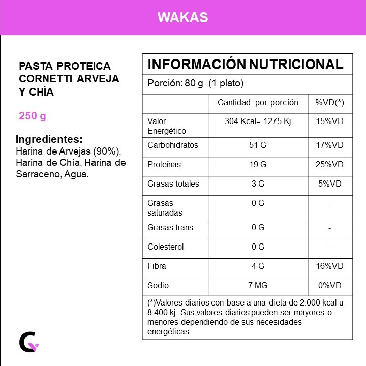 Pasta proteica cornetti ARVEJA y CHIA x250g - Wakas