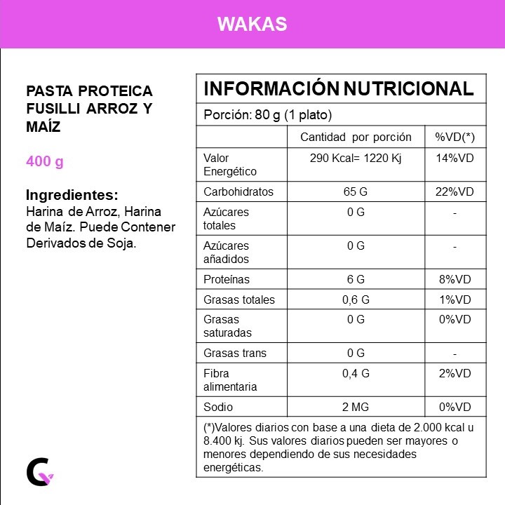 Pasta proteica fusilli ARROZ y MAIZ x400g - Wakas