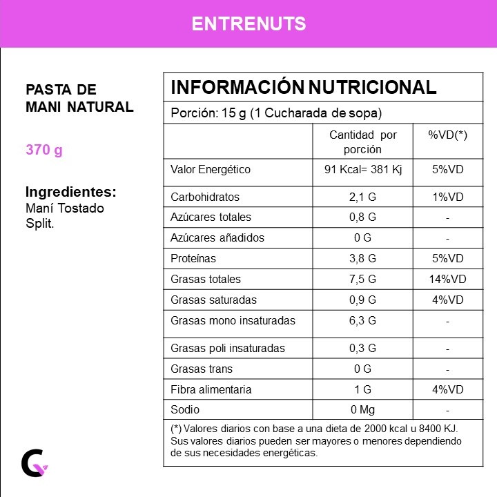 Pasta de mani NATURAL x370g - Entrenuts