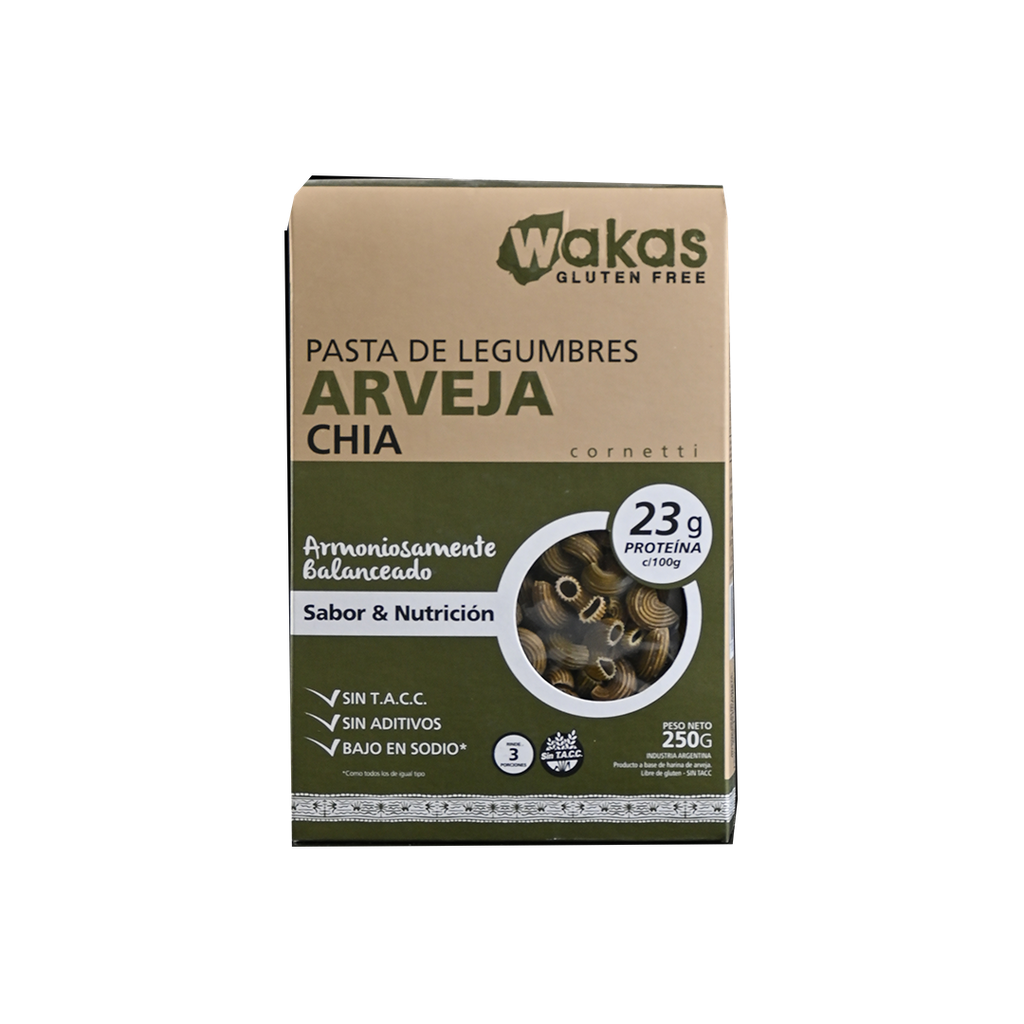 Pasta proteica cornetti ARVEJA y CHIA x250g - Wakas